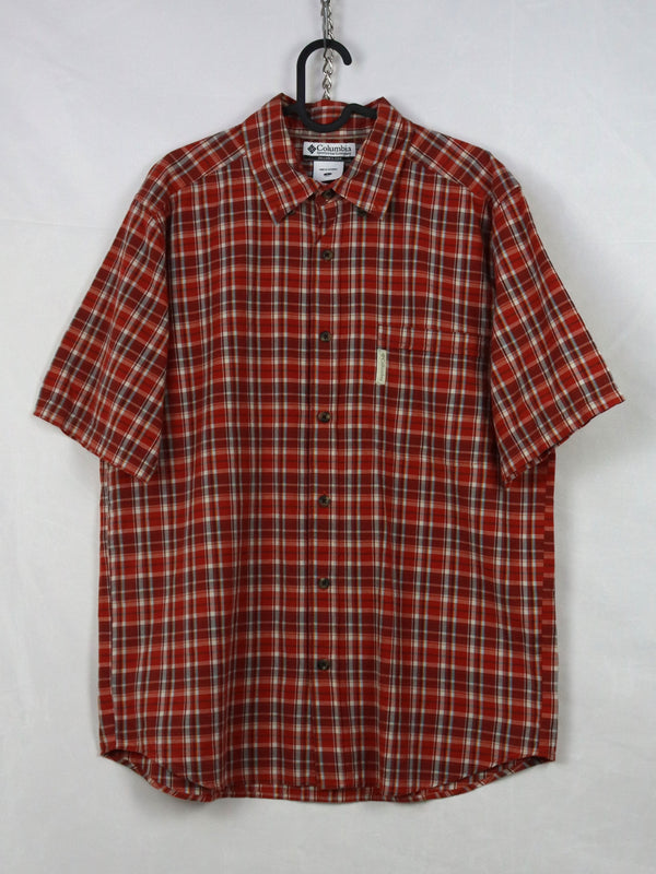 Columbia red checkered short-sleeve button-up shirt.