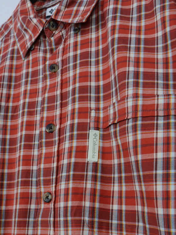Columbia red checkered short-sleeve button-up shirt.