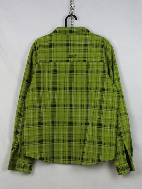 Jack Wolfskin green plaid flannel shirt.