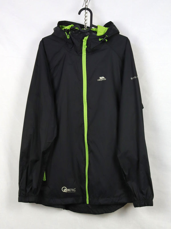 Trespass Unisex Qikpac waterproof packaway jacket with a lime green zipper.