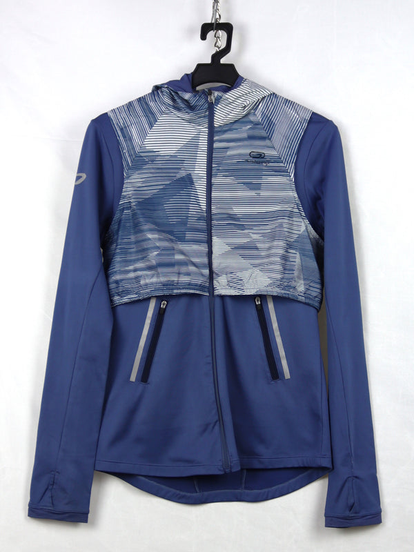 Kalenji by Decathlon athletic running jacket in blue with a printed vest overlay.