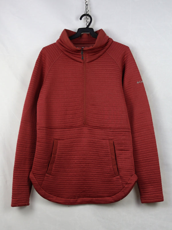 Columbia branded red ribbed half-zip pullover top.