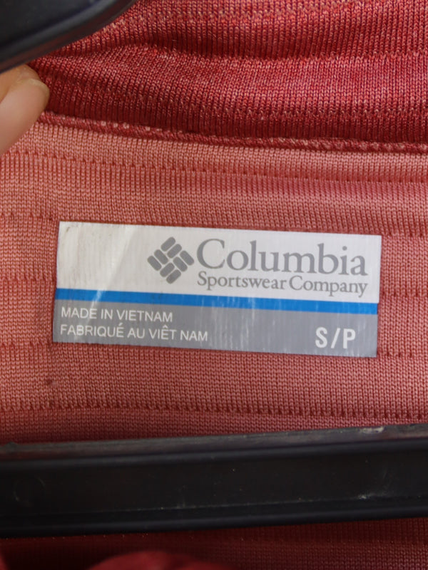 Columbia branded red ribbed half-zip pullover top.