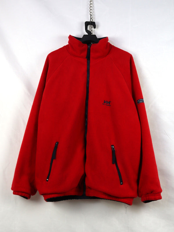 Helly Hansen red full-zip fleece jacket double face with navy blue accents.