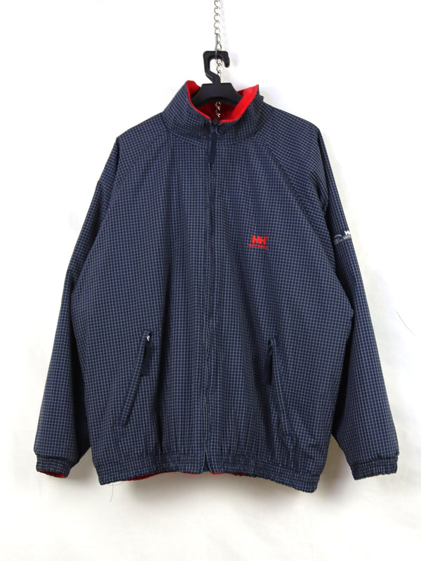 Helly Hansen red full-zip fleece jacket double face with navy blue accents.