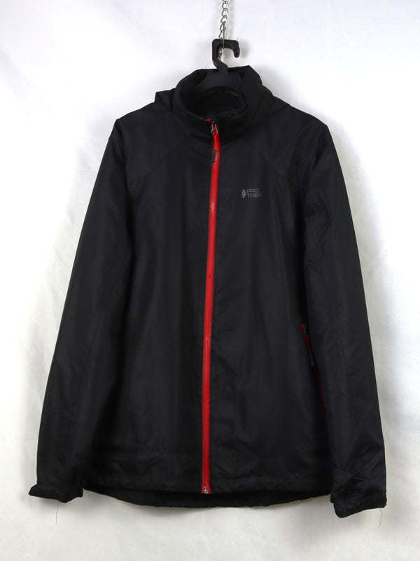 black waterproof windbreaker jacket with a red zipper and hood