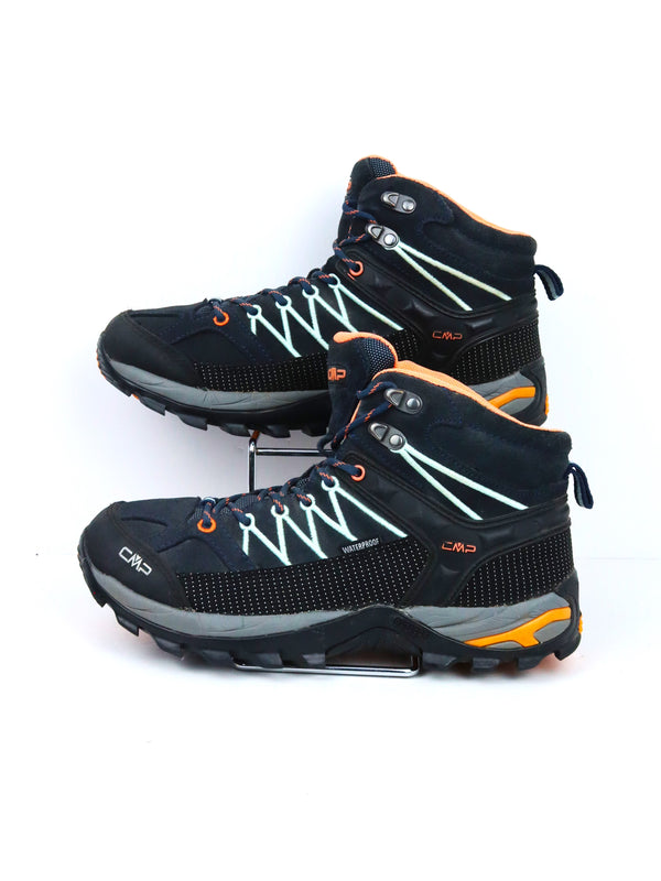 CMP Rigel Mid Waterproof hiking boots in a black, grey, and orange colorway