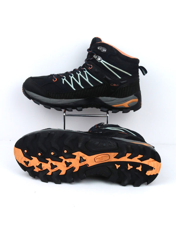 CMP Rigel Mid Waterproof hiking boots in a black, grey, and orange colorway