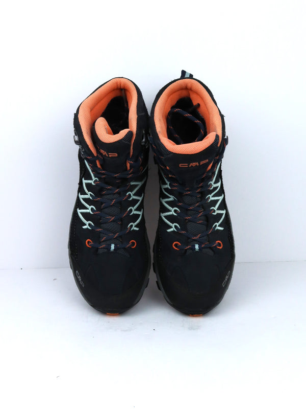 CMP Rigel Mid Waterproof hiking boots in a black, grey, and orange colorway
