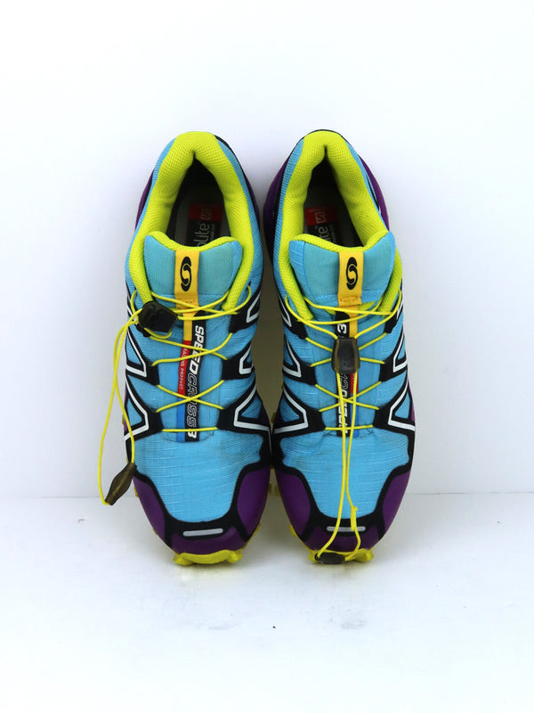 Salomon Speedcross 3 trail running shoe in a blue and yellow colorway.