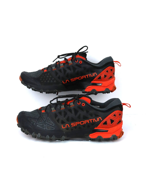 La Sportiva Bushido II trail running shoes in a black and red colorway.