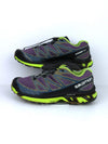Salomon Wings Pro 2 trail running shoes in purple and lime green.