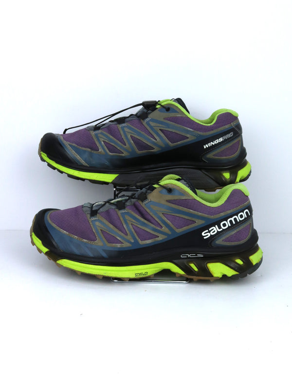 Salomon Wings Pro 2 trail running shoes in purple and lime green.